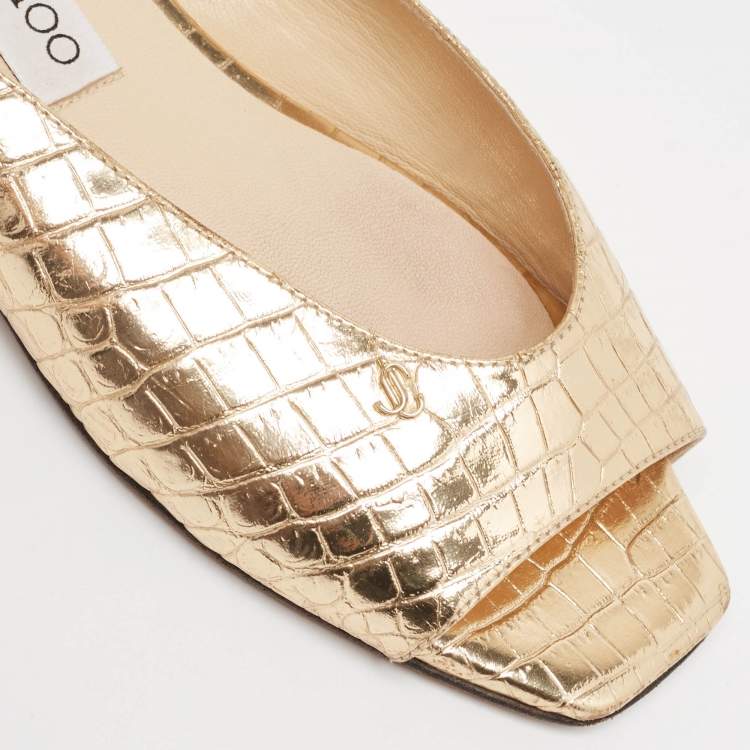 Pre Owned Jimmy Choo Gold Croc Embossed Leather Jynx Flat Mules Size 38