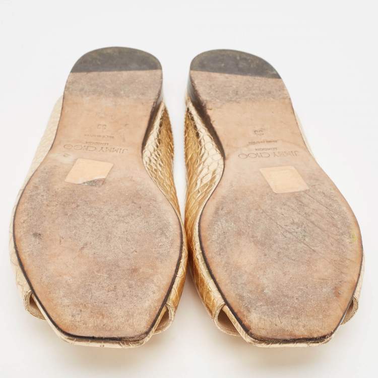 Pre Owned Jimmy Choo Gold Croc Embossed Leather Jynx Flat Mules Size 38