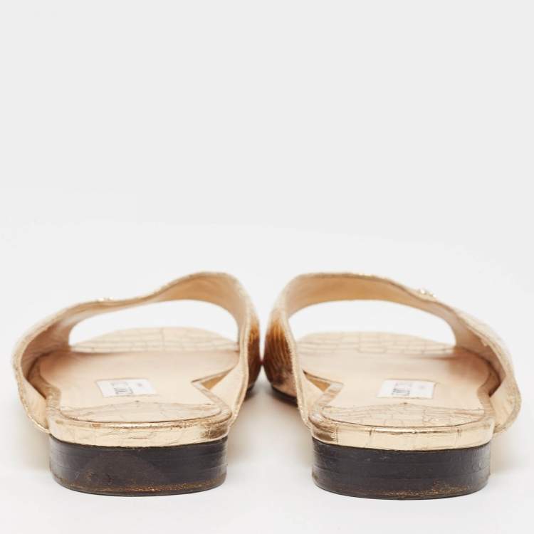 Pre Owned Jimmy Choo Gold Croc Embossed Leather Jynx Flat Mules Size 38