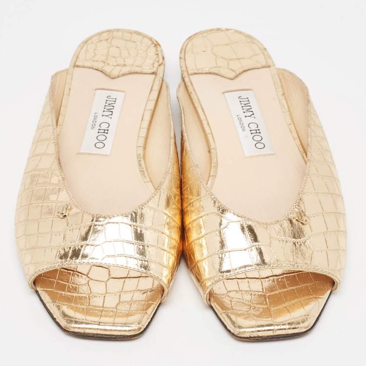 Pre Owned Jimmy Choo Gold Croc Embossed Leather Jynx Flat Mules Size 38