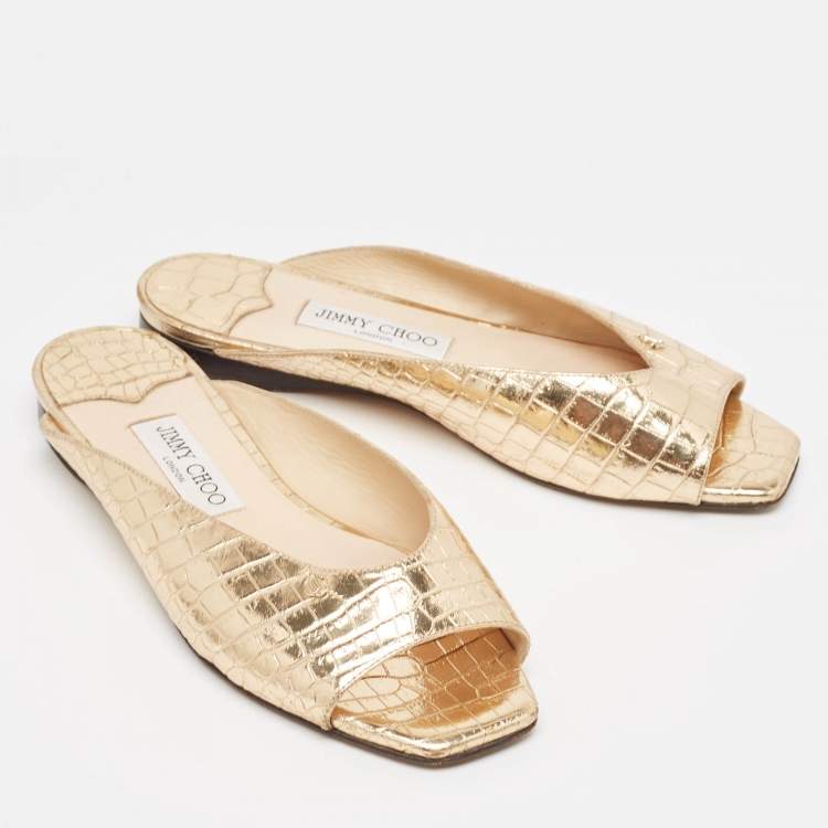 Pre Owned Jimmy Choo Gold Croc Embossed Leather Jynx Flat Mules Size 38