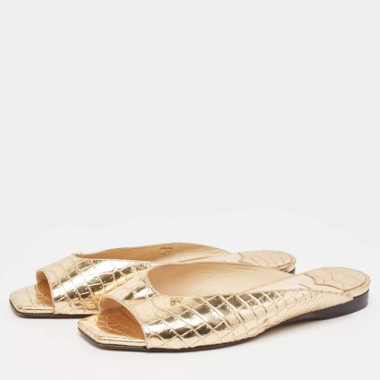 Pre Owned Jimmy Choo Gold Croc Embossed Leather Jynx Flat Mules Size 38