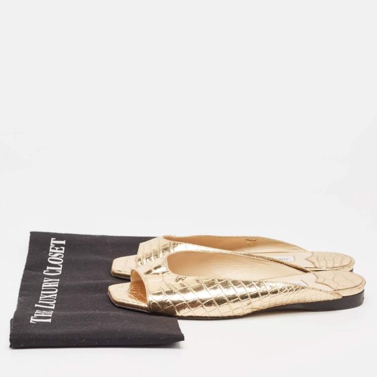 Pre Owned Jimmy Choo Gold Croc Embossed Leather Jynx Flat Mules Size 38