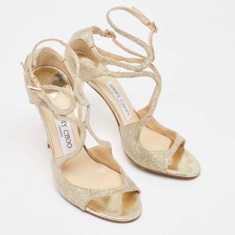 Pre Owned Jimmy Choo Gold Lurex Fabric Lang Sandals Size 36.5