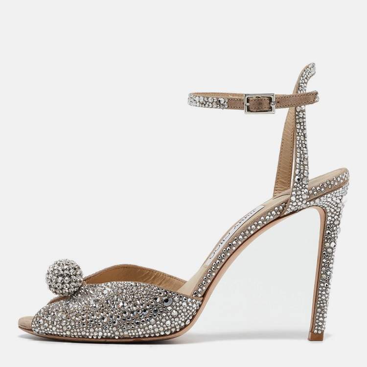 مملوكة مسبقًا Jimmy Choo Silver Crystal Embellished Leather Sacora Ankle Strap Sandals Size 40