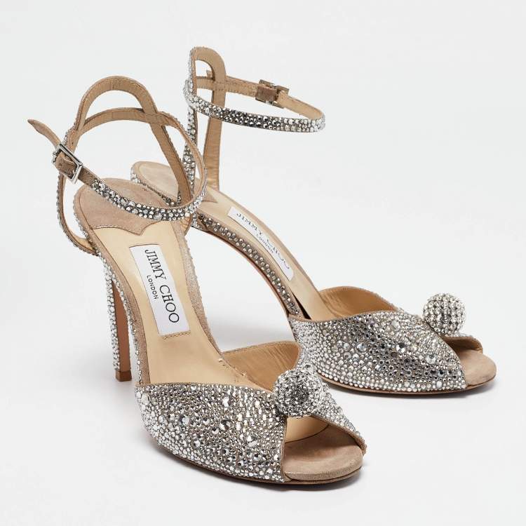 مملوكة مسبقًا Jimmy Choo Silver Crystal Embellished Leather Sacora Ankle Strap Sandals Size 40