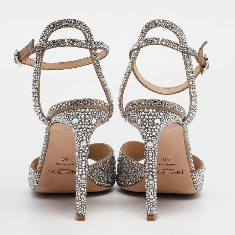 مملوكة مسبقًا Jimmy Choo Silver Crystal Embellished Leather Sacora Ankle Strap Sandals Size 40