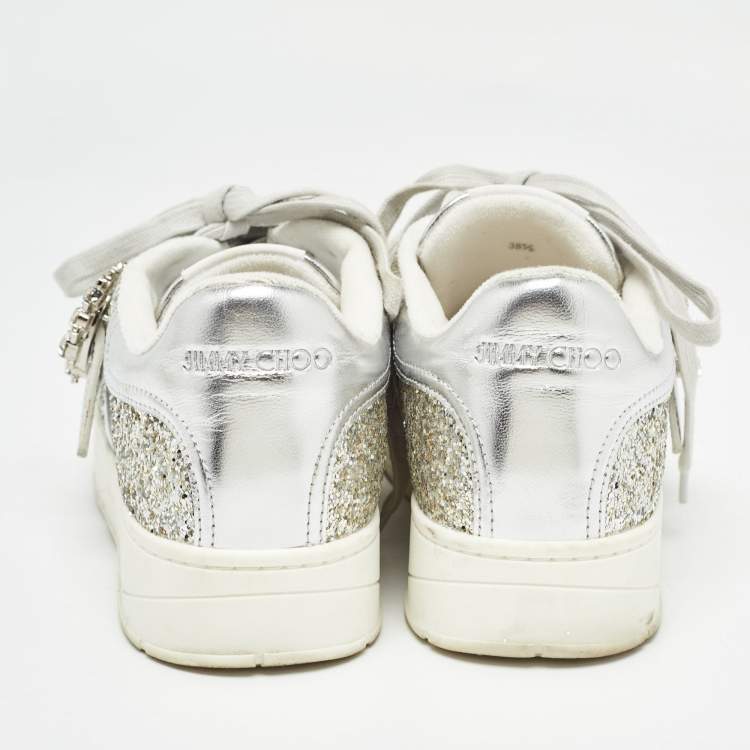 Pre Owned Jimmy Choo Silver Glitter and Leather Osaka Sneakers Size 38.5