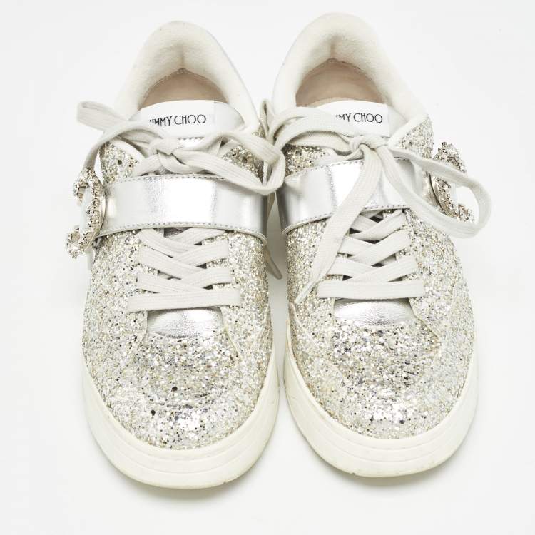 Pre Owned Jimmy Choo Silver Glitter and Leather Osaka Sneakers Size 38.5