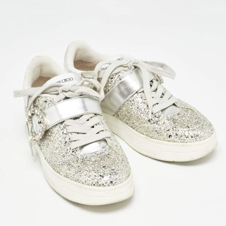 Pre Owned Jimmy Choo Silver Glitter and Leather Osaka Sneakers Size 38.5