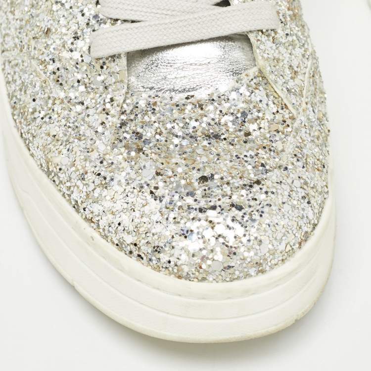 Pre Owned Jimmy Choo Silver Glitter and Leather Osaka Sneakers Size 38.5