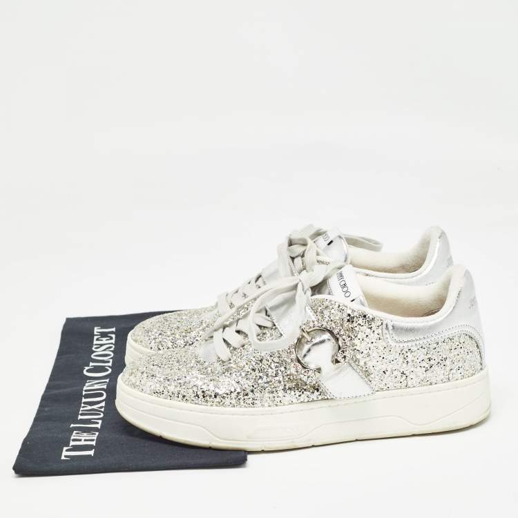 Pre Owned Jimmy Choo Silver Glitter and Leather Osaka Sneakers Size 38.5