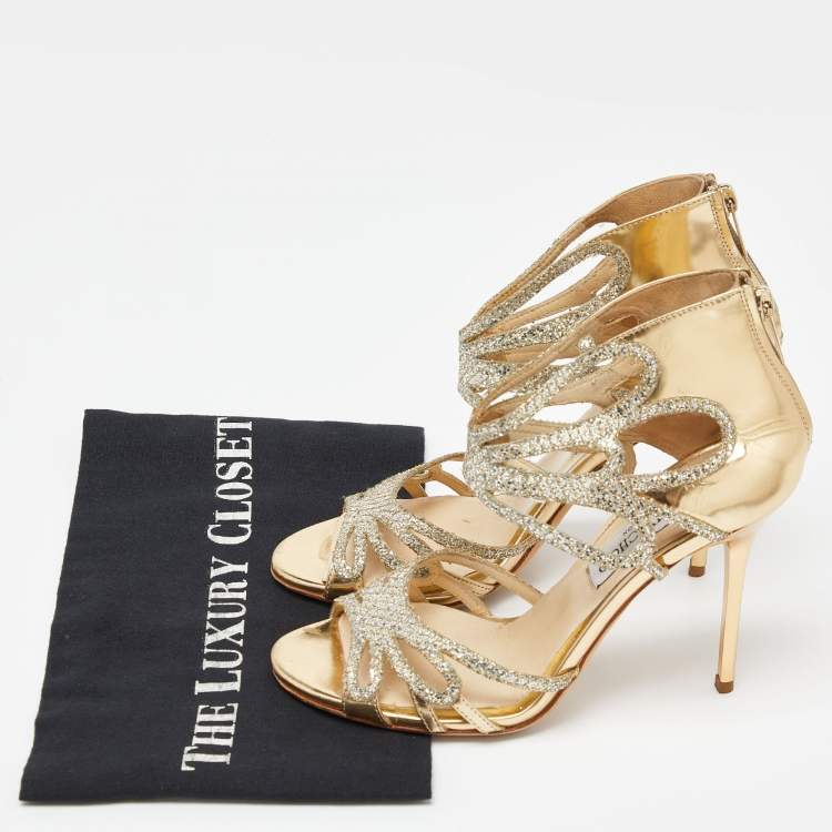 Pre Owned Jimmy Choo Gold Laminated Leather and Glitter Zip Sandals Size 37
