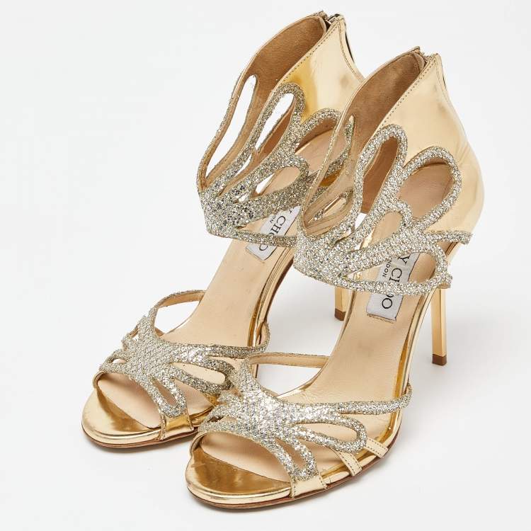 Pre Owned Jimmy Choo Gold Laminated Leather and Glitter Zip Sandals Size 37