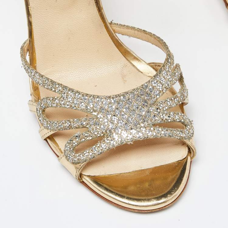 Pre Owned Jimmy Choo Gold Laminated Leather and Glitter Zip Sandals Size 37
