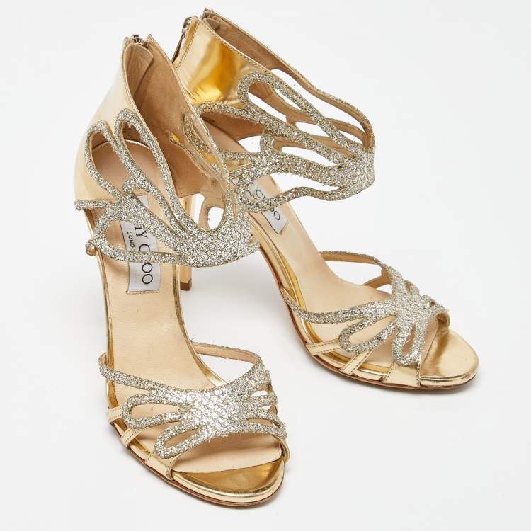 Pre Owned Jimmy Choo Gold Laminated Leather and Glitter Zip Sandals Size 37