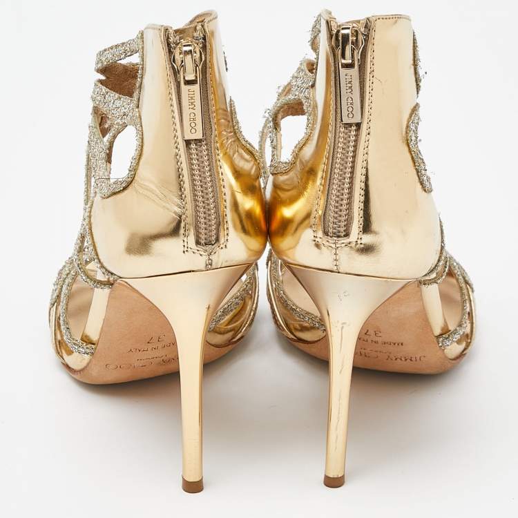 Pre Owned Jimmy Choo Gold Laminated Leather and Glitter Zip Sandals Size 37
