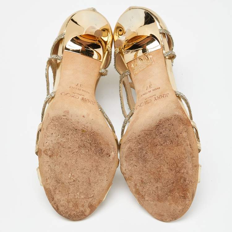 Pre Owned Jimmy Choo Gold Laminated Leather and Glitter Zip Sandals Size 37