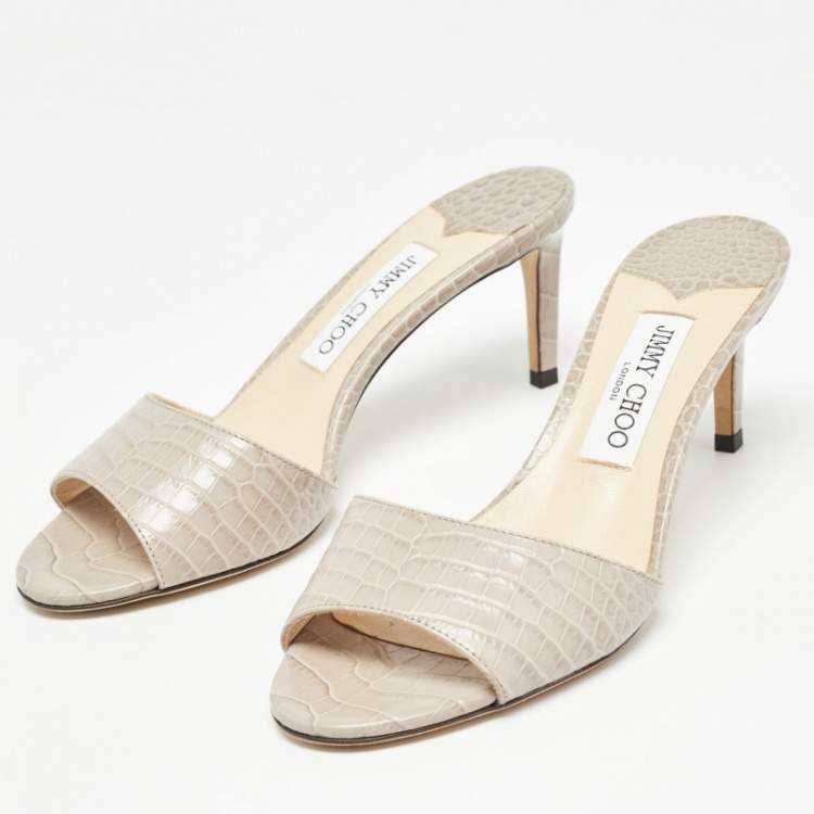 Pre Owned Jimmy Choo Grey Croc Embossed Leather Stacey Slide Sandals Size 38