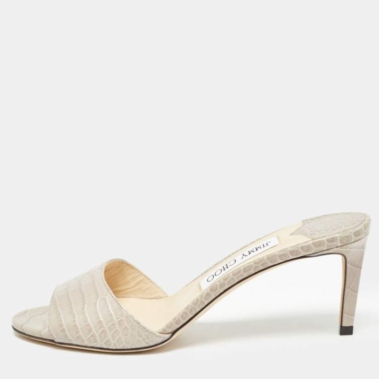Pre Owned Jimmy Choo Grey Croc Embossed Leather Stacey Slide Sandals Size 38