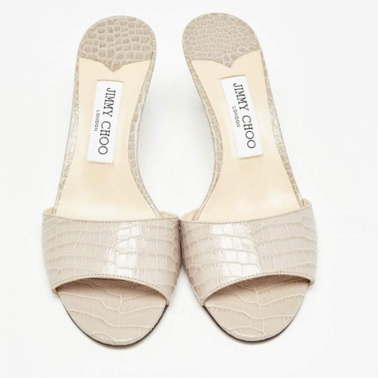 Pre Owned Jimmy Choo Grey Croc Embossed Leather Stacey Slide Sandals Size 38