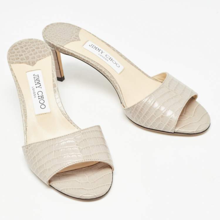 Pre Owned Jimmy Choo Grey Croc Embossed Leather Stacey Slide Sandals Size 38