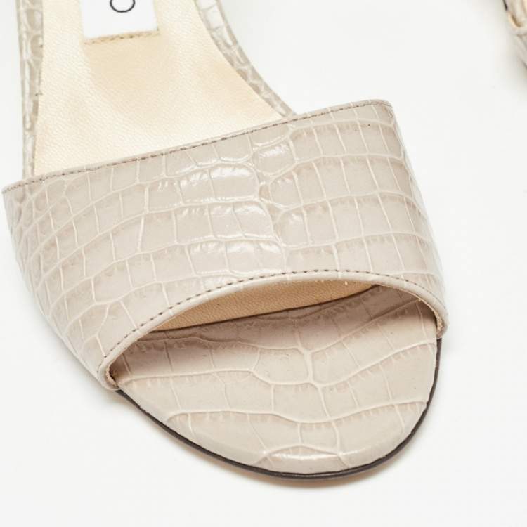 Pre Owned Jimmy Choo Grey Croc Embossed Leather Stacey Slide Sandals Size 38