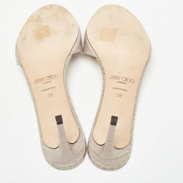 Pre Owned Jimmy Choo Grey Croc Embossed Leather Stacey Slide Sandals Size 38