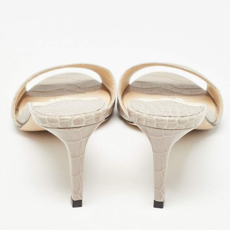 Pre Owned Jimmy Choo Grey Croc Embossed Leather Stacey Slide Sandals Size 38