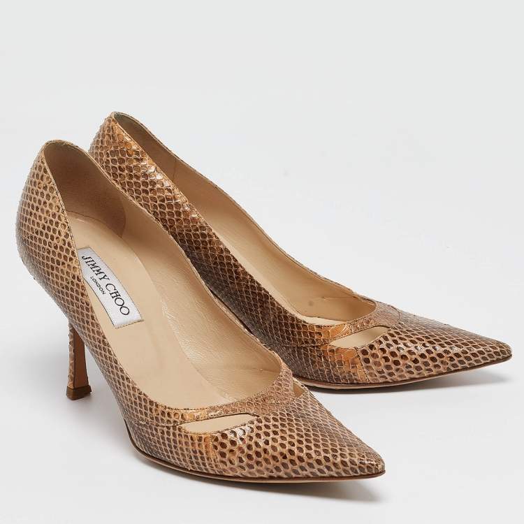 Pre Owned Jimmy Choo Beige Snakeskin Pointed Toe Pumps Size 38.5