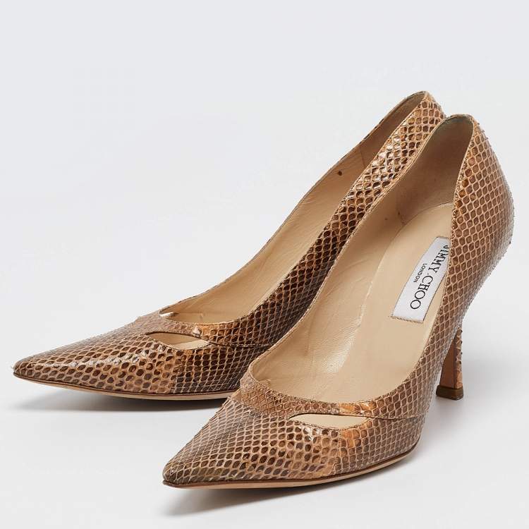 Pre Owned Jimmy Choo Beige Snakeskin Pointed Toe Pumps Size 38.5