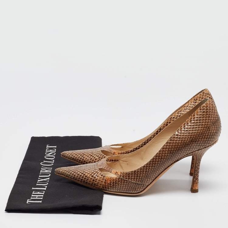 Pre Owned Jimmy Choo Beige Snakeskin Pointed Toe Pumps Size 38.5