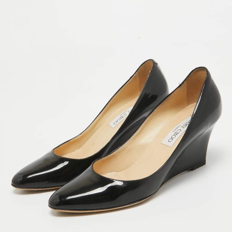 Pre Owned Jimmy Choo Black Patent Leather Gilbert Wedge Pumps Size 37