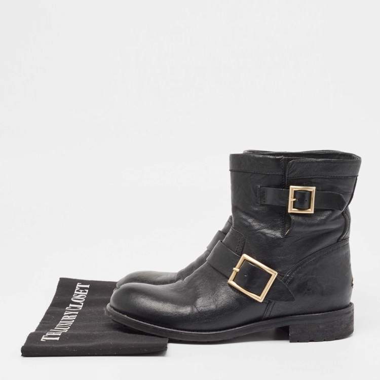Pre Owned Jimmy Choo Black Leather Buckle Detail Ankle Boots Size 39