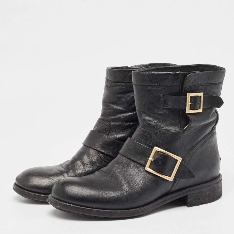 Pre Owned Jimmy Choo Black Leather Buckle Detail Ankle Boots Size 39