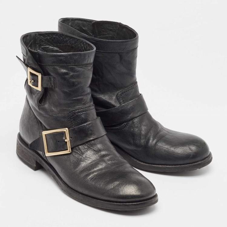 Pre Owned Jimmy Choo Black Leather Buckle Detail Ankle Boots Size 39
