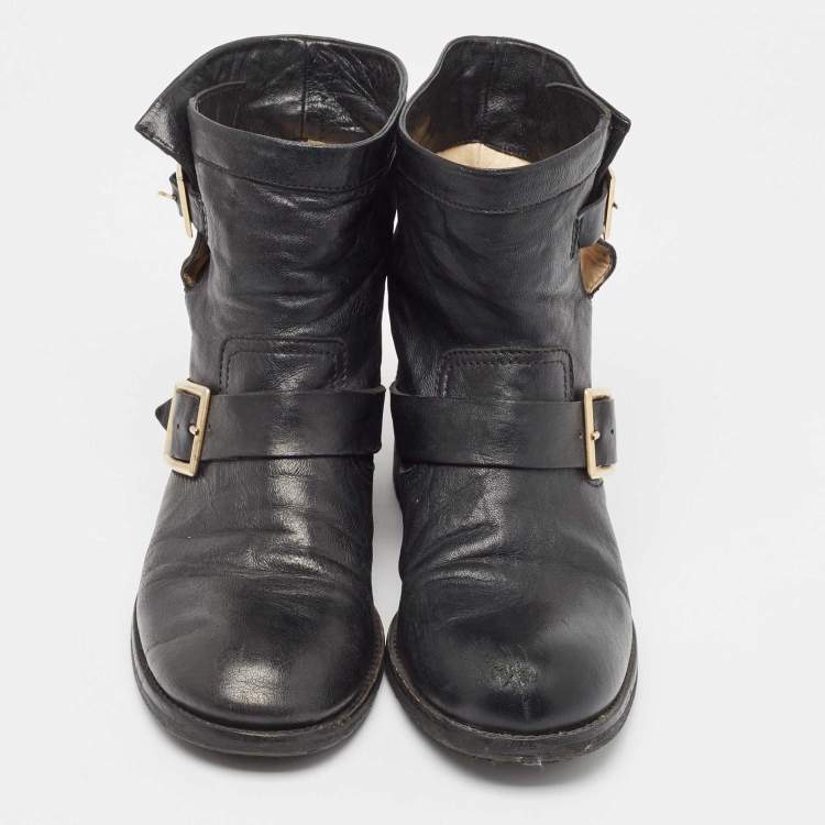 Pre Owned Jimmy Choo Black Leather Buckle Detail Ankle Boots Size 39