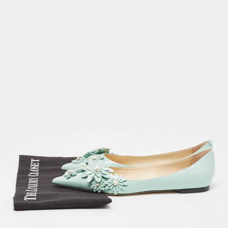 Pre Owned Jimmy Choo Mint Green Patent Leather Embellished Ballet Flats Size 37