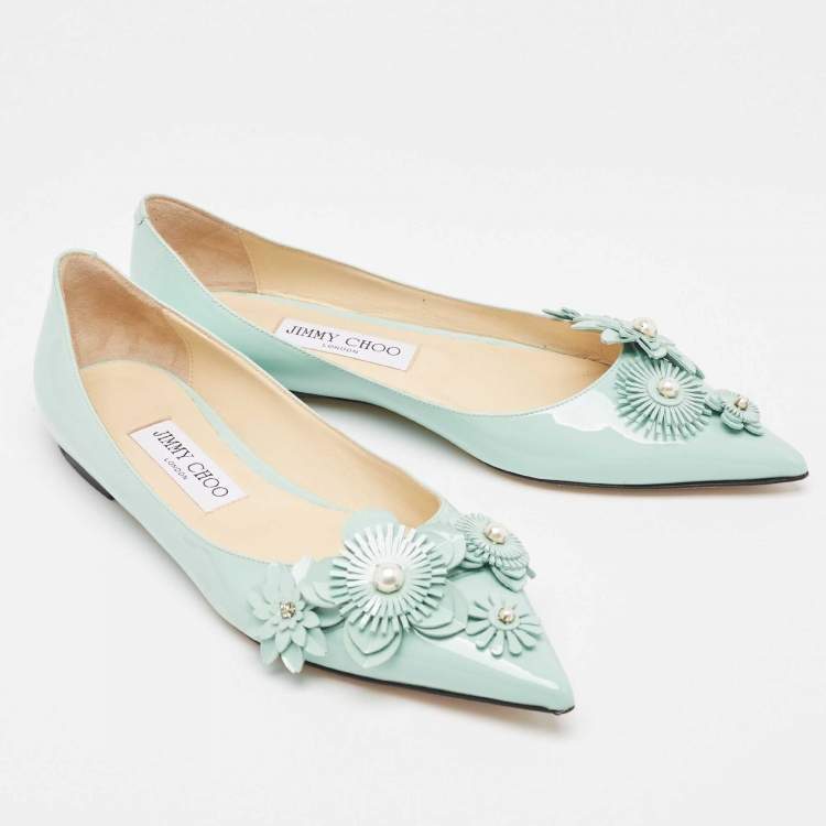 Pre Owned Jimmy Choo Mint Green Patent Leather Embellished Ballet Flats Size 37