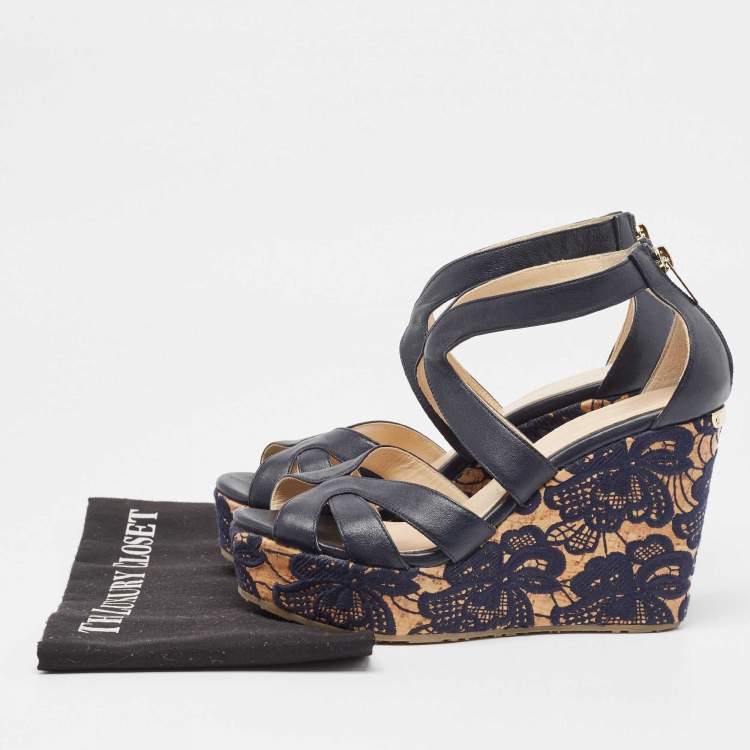 Pre Owned Jimmy Choo Navy Blue Leather Parrow Cork Lace Wedge Sandals Size 38