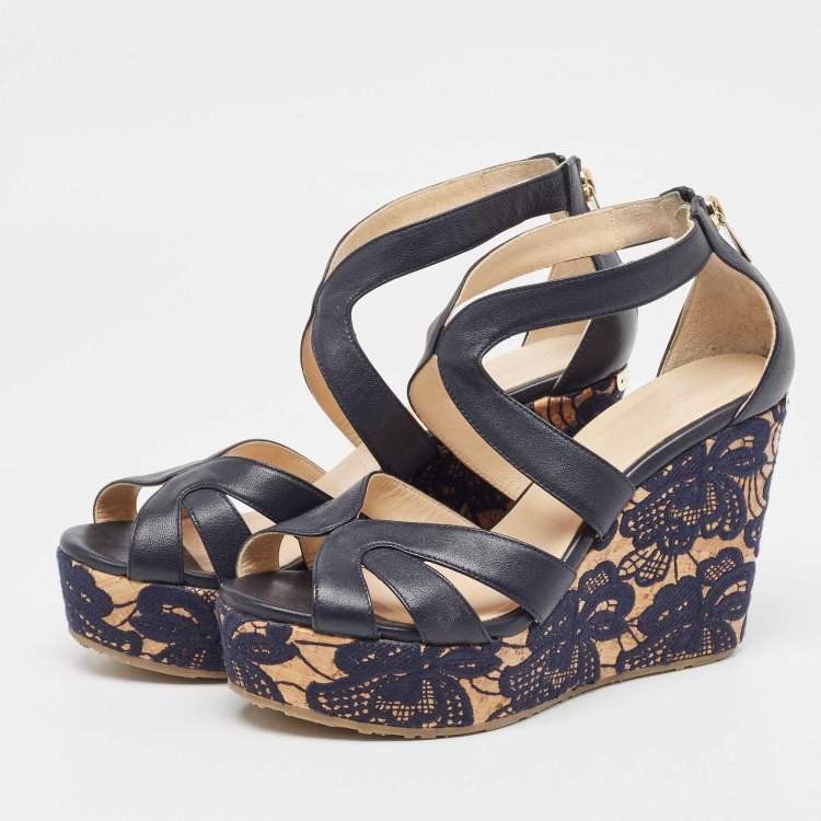 Pre Owned Jimmy Choo Navy Blue Leather Parrow Cork Lace Wedge Sandals Size 38