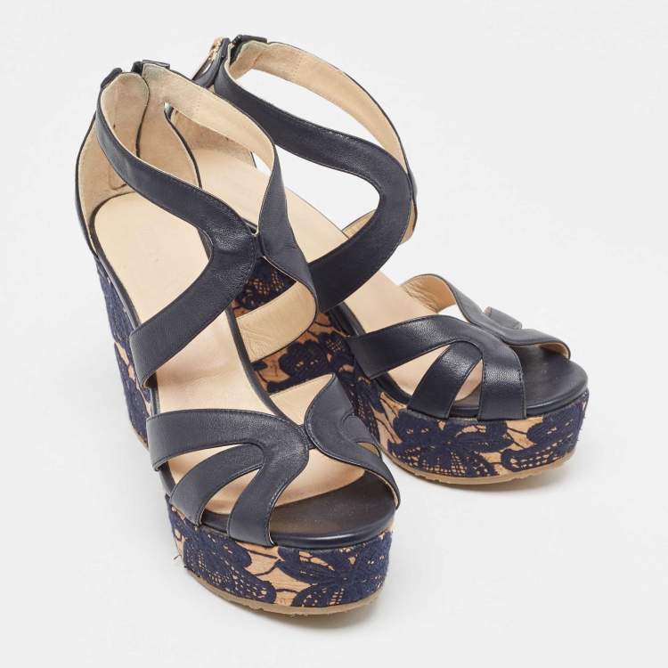Pre Owned Jimmy Choo Navy Blue Leather Parrow Cork Lace Wedge Sandals Size 38