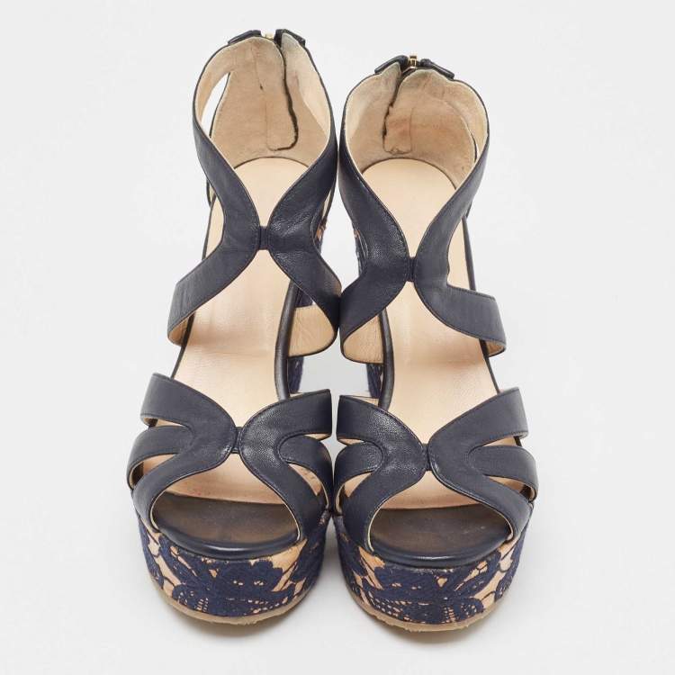 Pre Owned Jimmy Choo Navy Blue Leather Parrow Cork Lace Wedge Sandals Size 38
