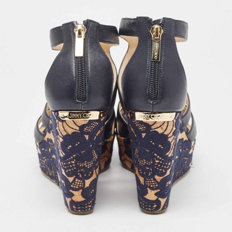 Pre Owned Jimmy Choo Navy Blue Leather Parrow Cork Lace Wedge Sandals Size 38