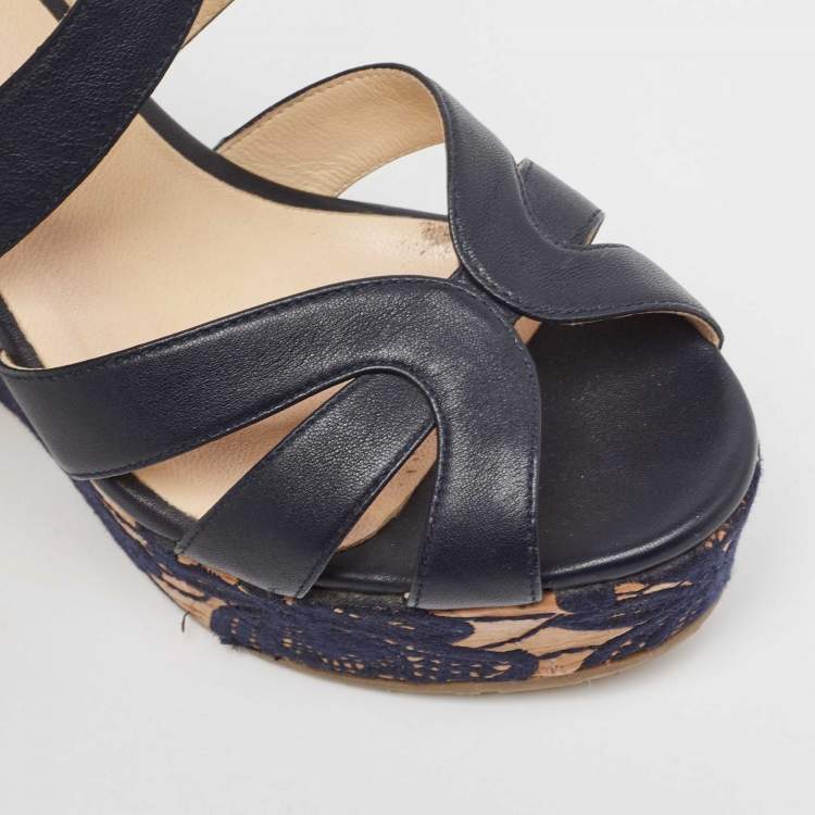 Pre Owned Jimmy Choo Navy Blue Leather Parrow Cork Lace Wedge Sandals Size 38