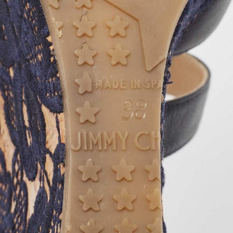 Pre Owned Jimmy Choo Navy Blue Leather Parrow Cork Lace Wedge Sandals Size 38