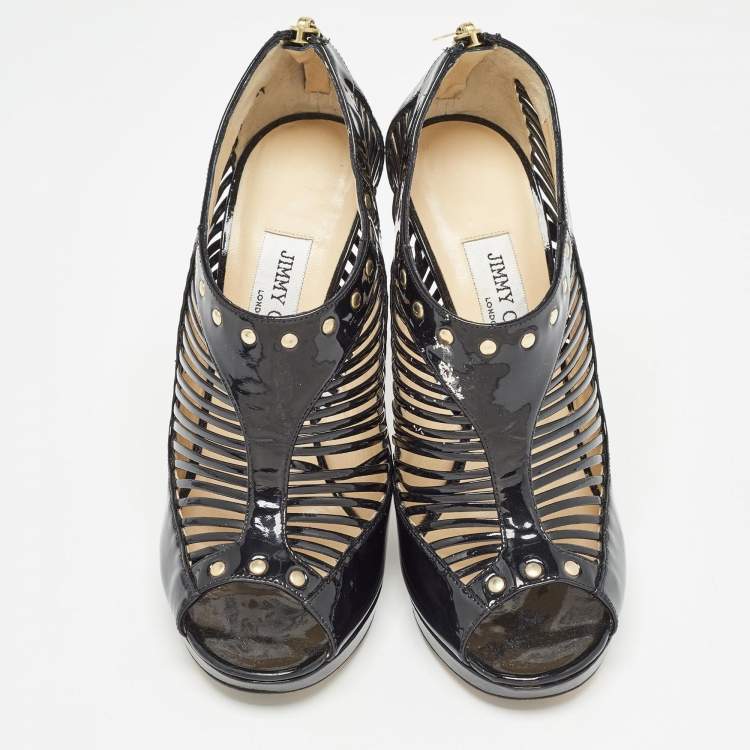 Pre Owned Jimmy Choo Black Patent Leather Caged Open Toe Pumps Size 38.5