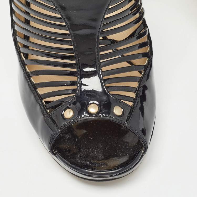 Pre Owned Jimmy Choo Black Patent Leather Caged Open Toe Pumps Size 38.5