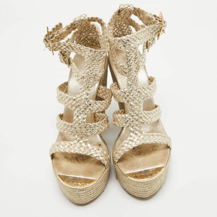 Pre Owned Jimmy Choo Gold Braided Leather Wedge Sandals Size 39