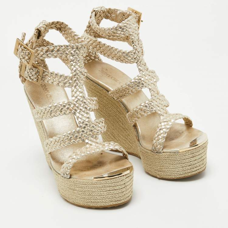 Pre Owned Jimmy Choo Gold Braided Leather Wedge Sandals Size 39